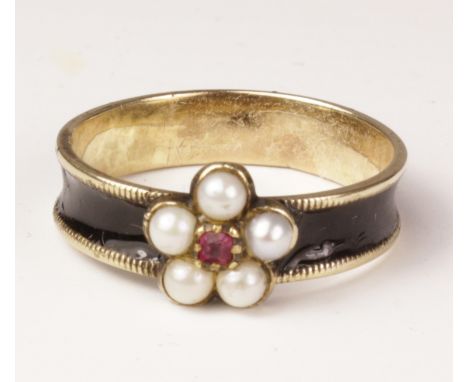 Victorian seed pearl, ruby and enamel mourning ring with inscription   Condition Report   Click here for further images, cond