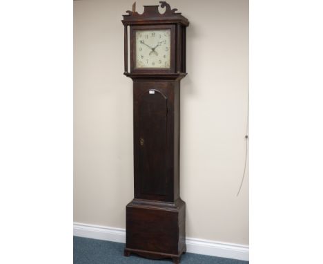 18th century oak longcase clock, thirty hour movement striking on bell, painted enamel dial, indistinctly signed 'S*******, W