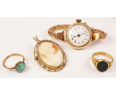 Early 20th century gold and enamel wristwatch stamped 585 14k on expanding bracelet stamped 9ct, cameo pendant hallmarked 9ct