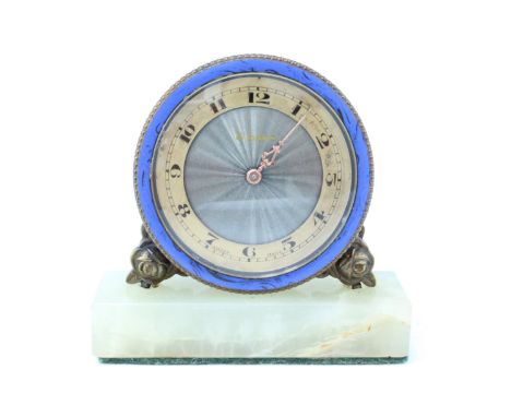 A small early 20th Century boudoir clock, having a Swiss movement and rose engine turned face with gilt chapter ring and blue