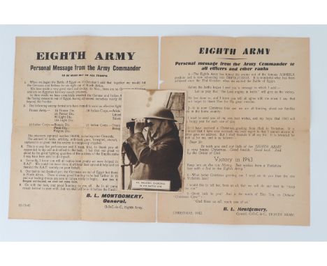 Two Second World War Eighth Army printed messages to the troops, together with a Winston Churchill postcard
