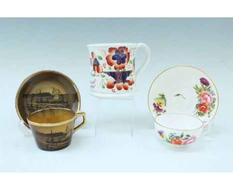 A Victorian Gaudy Welsh christening mug inscribed "William Collin Chapell, 1846", (10 cm), together with a Derby floral-ename