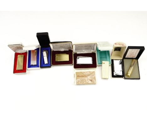 Sundry cased cigarette lighters, including three roller lighters, a "Boston Lighter", a "Masterpiece" by Thornes etc