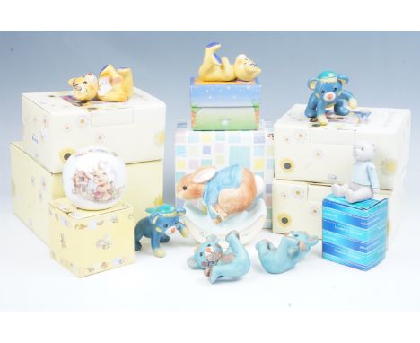 A quantity of Goebel "Rosinas Teddys" figurines, together with a Border Fine Arts "The Peter Rabbit Collection" money bank, a