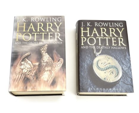 J.K. Rowling, Harry Potter and The Order of The Phoenix and Harry Potter and The Deathly Hallows, first editions in dust-cove