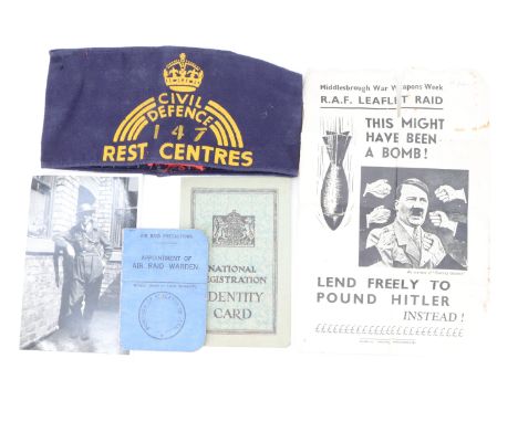 A Stockton-on-Tees Air Raid Warden appointment card together with a related identity card, photograph, War Weapons Week leafl