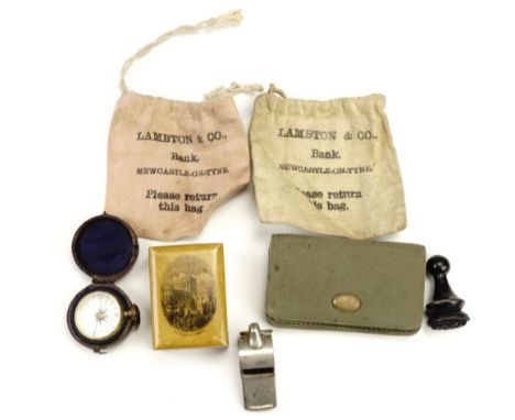 A Victorian gilt metal fob compass marked 'Dolland, London', in a fitted leather case, a Mauchline ware box, a turned Edwardi