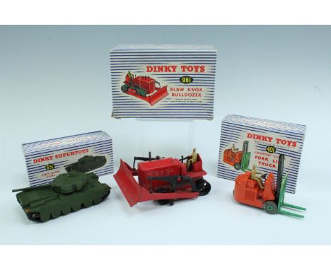 Three boxed Dinky die-cast automobiles, comprising "Centurion Tank" 651, "Coventry Climax Fork Lift Truck" 401 and "Blaw Knox