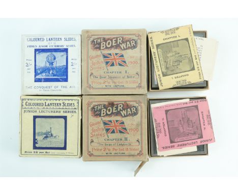 Several boxed sets of Victorian magic lantern glass slides entitled "The Boer War", chapters I and II, "The Boer Invasion of 