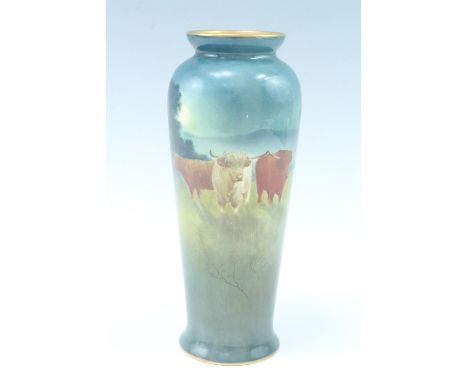A Royal Doulton slender, shouldered vase, hand-enamelled in depiction of Highland cattle in dawn light by John Kelsall, its e