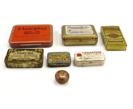 Six small vintage tins, and a cigarette box largest tin 10 x 8 x 1.5 cm