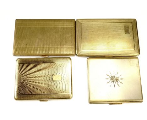 Two Emu Brand cigarette cases, one being faux engine turned, together with an AGME case and a Kigu case