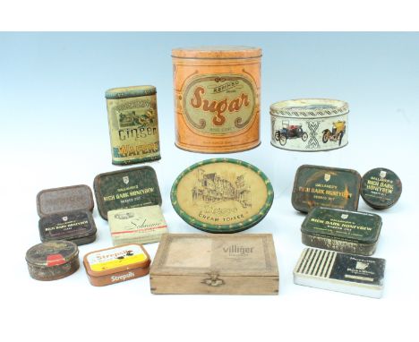 A quantity of vintage advertising tins including Refined brand sugar, 16 cm x 18 cm, and Home Made Ginger Wafers, 9.5 cm x 14