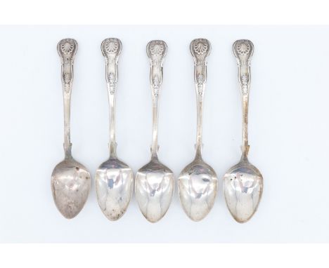 Five Scottish Silver Queen's pattern teaspoons, R L Christie, Edinburgh, 1857, 72 g, 14 cm, (two a/f) 