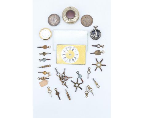 A quantity of pocket watch winding keys, together with part pocket watches, carriage clock glass, etc