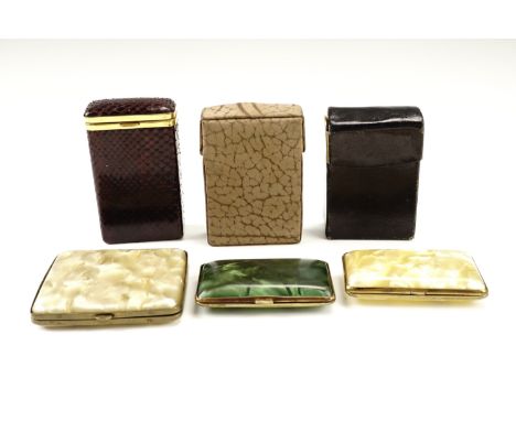 Three vintage leather and similar bound box-type cigarette cases, together with three composition cigarette cases 