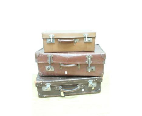 A vintage dark brown hide suitcase retaining its original key, (62 cm x 39 cm x 19 cm), together with a Vulbank fibre faux hi