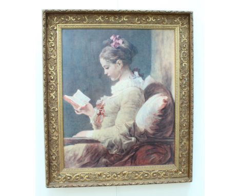 After Jean-Honore Fragonard (1732-1806) "A Young Girl Reading" print on canvas, in ornate gilt frame, 59 x 69 cm