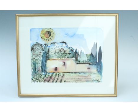 Lydia Corbett (born 1934), "The Eclipse", a landscape of a Provence house with the Deutelles Mountains beyond, an eclipsed su