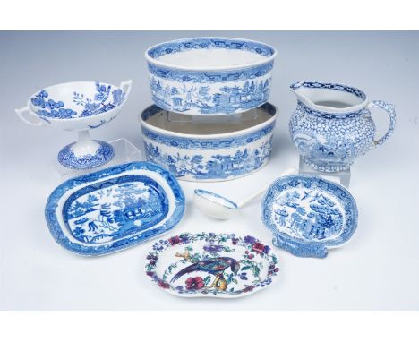 A Maling blue and white tazza, 13.5 cm x 9.5 cm, a sauce ladle, a jug and small Spode dish