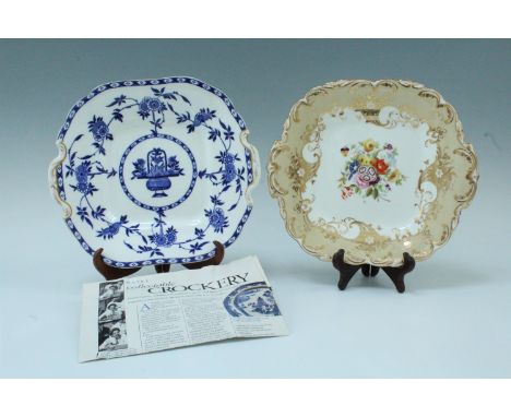 A Victorian Ridgway plate having polychrome floral decoration, together with a Minton 'Delft' blue and white plate, approxima