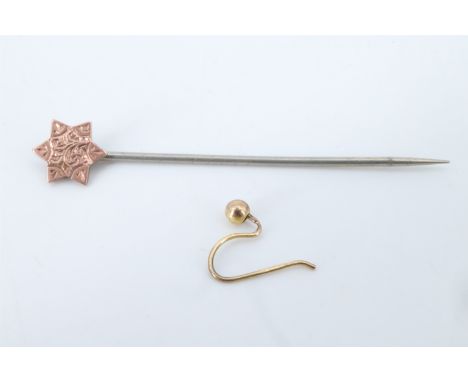 A late Victorian stick pin having a 9 ct gold terminal in the shape of a Star of David, together with a 9 ct gold stud earrin