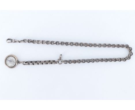 A late Victorian silver watch chain and compass fob, formed as round links with parallel ribs, T-bar lacking, partial assay m