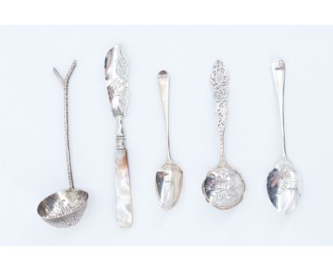A late Victorian silver sifting ladle of organic form, by Jonathan Wilson Hukin &amp; John Thomas Heath, together with a butt