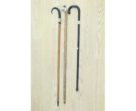 A walking cane with dog's head pommel, 93 cm, a ram's horn walking cane, 97 cm, and a silver-collared walking cane, 81 cm 