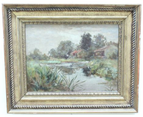 Thomas Robert Ablett (fl 1880 - 1932), "On the Verges of the Marshes", an evening view across a pond to two rural dwellings, 