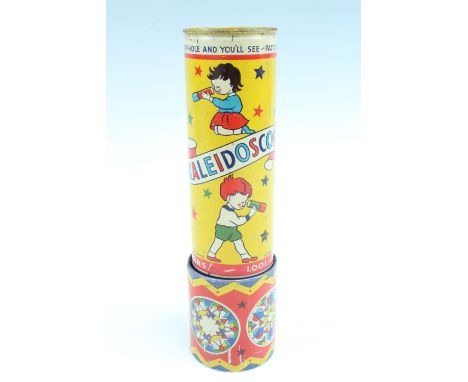 A vintage Acme Toys printed tinplate toy kaleidoscope, circa 1950s, 21 cm