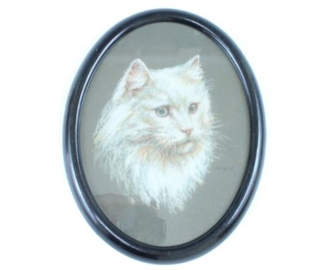 W.H. Gorick An early 20th Century oval pastel portrait of a cat on card, framed under glass, 20 x 26 cm