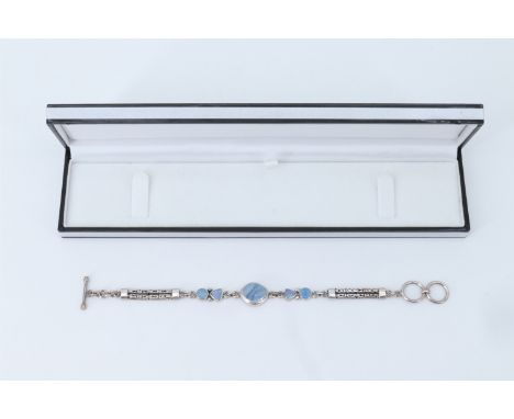 A contemporary opal and white metal bracelet, comprising asymmetric and geometric plaques, bezel set between foxtail link cha