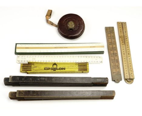 A vintage Rabones and Son folding ruler together with a Rabone tape measure etc