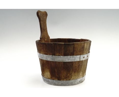 A small coopered wooden planter or cachepot in the form of a Scottish luggie, 21 cm x 27 cm high