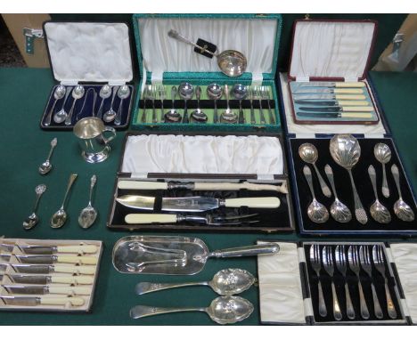 PARCEL OF BOXED AND UNBOXED SILVER PLATED FLATWARE, PLATED TANKARD, ETC. 