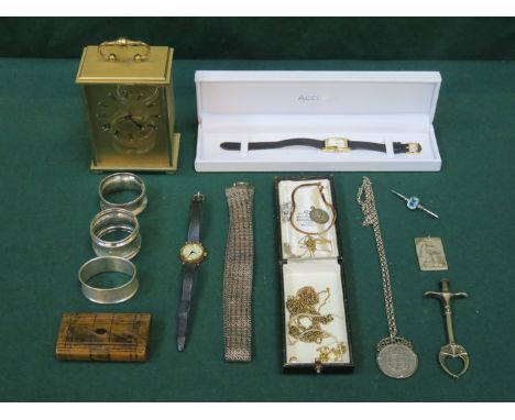 MIXED LOT INCLUDING MANTLE CLOCK, TWO WATCHES, SNUFF BOX, THREE SILVER NAPKIN RINGS, COSTUME JEWELLERY, ETC.