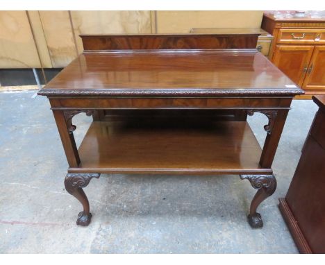 VICTORIAN MAHOGANY CARVED EDGED TWO TIER BUFFET WITH GALLERIED TOP ON BALL AND CLAW SUPPORT 
