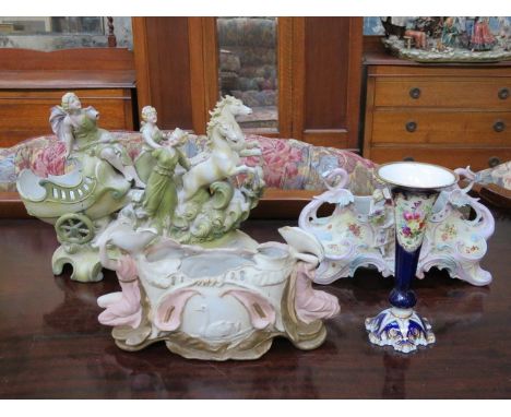 THREE VARIOUS CONTINENTAL STYLE CERAMIC POSY VASES AND VICTORIAN HANDPAINTED CERAMIC VASE, ETC. (ALL AT FAULT)