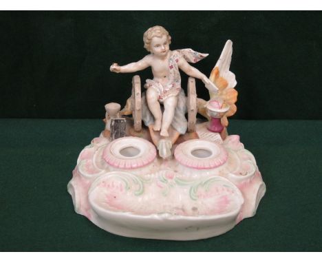 CONTINENTAL STYLE HANDPAINTED AND GILDED CERAMIC DOUBLE INKWELL, APPROXIMATELY 15cm HIGH 