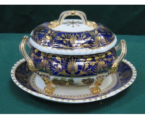DERBY GILDED CERAMIC TWO HANDLED SMALL SOUP TUREEN WITH COVER ON TRAY, DECORATED WITH SCENES FROM STAFFORDSHIRE AND DERBYSHIR