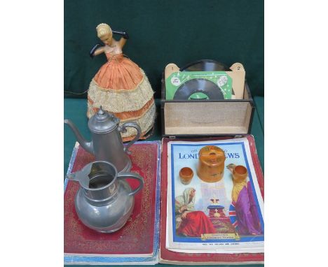 SUNDRY LOT INCLUDING VINTAGE FIGURE FORM LAMP, CASE OF RECORDS, COMMEMORATIVE LONDON NEWS MAGAZINES, TWO PIECES OF PEWTER, TR