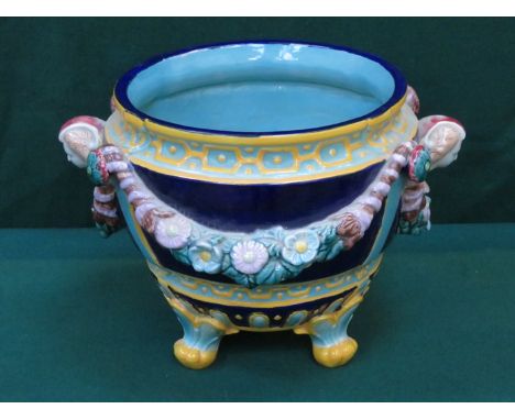 MAJOLICA STYLE HANDPAINTED, GLAZED CERAMIC JARDINIERE, NUMBERED TO BASE 1899, APPROXIMATELY 25cm HIGH 