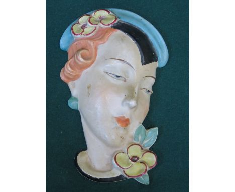 ROYAL DUX 1930s STYLE HANDPAINTED CERAMIC WALL MASK, NUMBERED 15512, APPROXIMATELY 19cm 