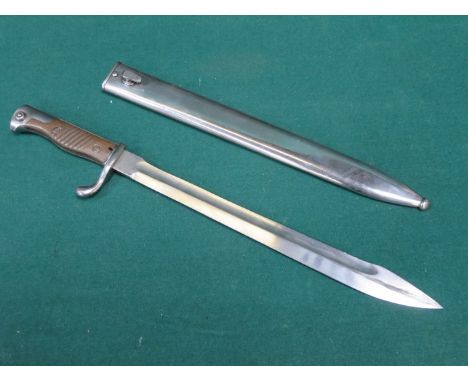 BAYONET WITH METAL SCABBARD MARKED GERMAN A-G DUISBERG (SAW BACK REMOVED ) 