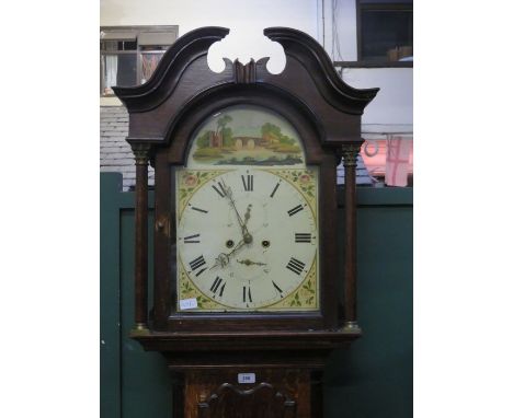 OAK CASED LONGCASE CLOCK WITH HANDPAINTED AND ENAMELLED DIAL