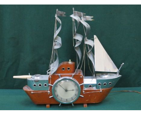 VINTAGE STAINLESS STEEL AND WOODEN GALLEON FORM CLOCK/LAMP, APPROXIMATELY 43cm HIGH 