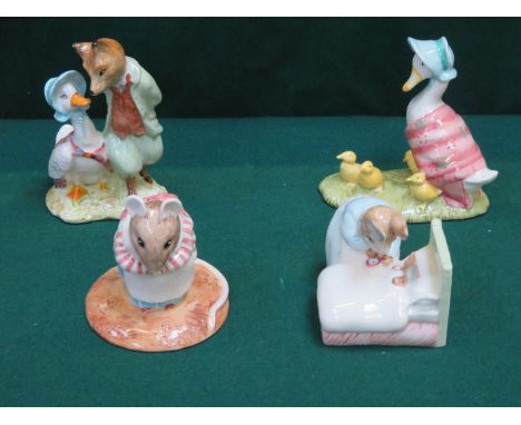 FOUR BESWICK BEATRIX POTTER CERAMIC FIGURES- MRS TITTLEMOUSE, JEMIMA PUDDLEDUCK WITH FOXY WHISKERED GENTLEMAN, PETER IN BED, 