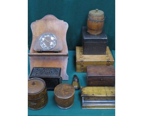 PARCEL OF TREEN ITEMS INCLUDING TEA CADDY, STORAGE BOXES, BISCUIT BARRELS, INKWELL, MANTEL CLOCK AND FOLDING LECTERN 