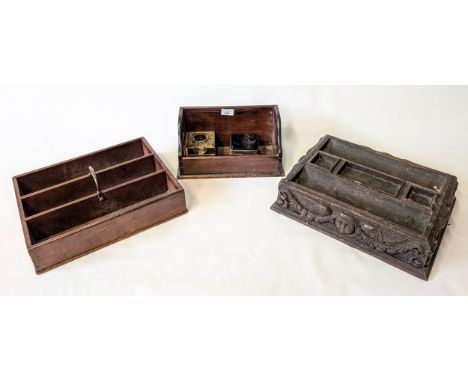 Highly carved inkwell stand with cherub design, vintage stationary tray and letter holder